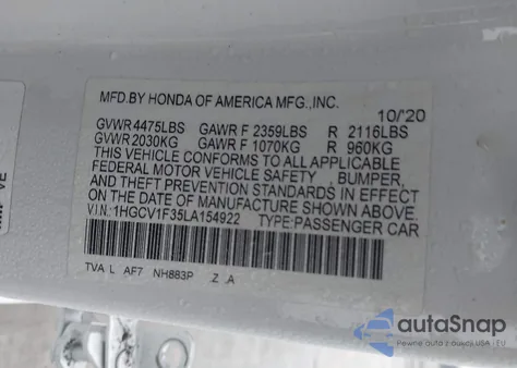 2020 Honda Accord Sport z USA, uszkodzony, nr VIN 1HGCV1F35LA154922